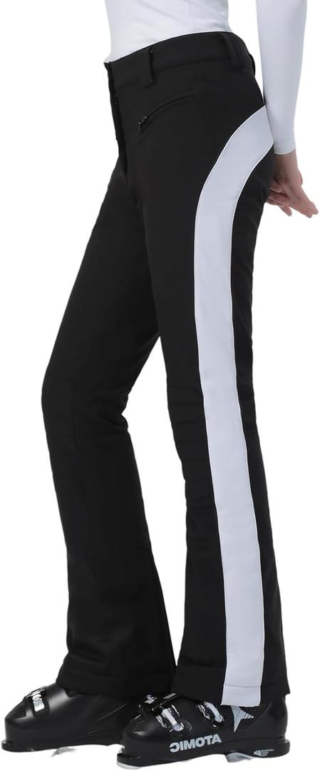 GSOU SNOW Womens Ski Pants Slim Snow Flared Snowboarding Insulated Waterproof Windproof Winter Outdoor Hiking Warm (Large, Black White)