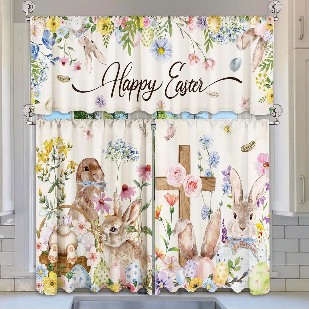 Breling 3 Pcs Easter Bunny Eggs Kitchen Curtains Valances and Tiers Set for Windows Spring Easter Rabbit Egg Flowers Decor Short Curtain Set for Bedroom Window Treatment Decor Party Favor Supplies