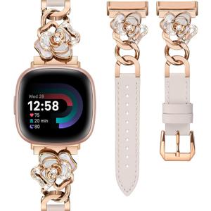 Minyee Leather Band Compatible with Fitbit Versa 4/3/Fitbit Sense 2/1 Watch Bands Women, Dressy Slim Elegant Leather Metal Chain Strap with Bling Cute Camellia Charms for Versa 3 4 Sense 2 Smartwatch (Starlight/Rose Gold)