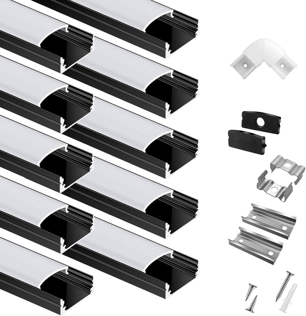 hunhun 10-Pack 6.6ft/2Meter U Shape Black LED Aluminum Channel System with Milky Cover, End Caps and Mounting Clips, Aluminum Channel Profile for LED Strip Light Diffuser Installations (10pack*6.6ft)