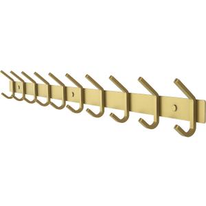 Brushed Gold Wall Mounted Coat Rack 30 Inch Stainless Steel Rail with 10 Double Coat Hooks for Entryway, Bathroom, Bedroom, Kitchen Modern Gold Hook Rack for Coats, Hats, Towels