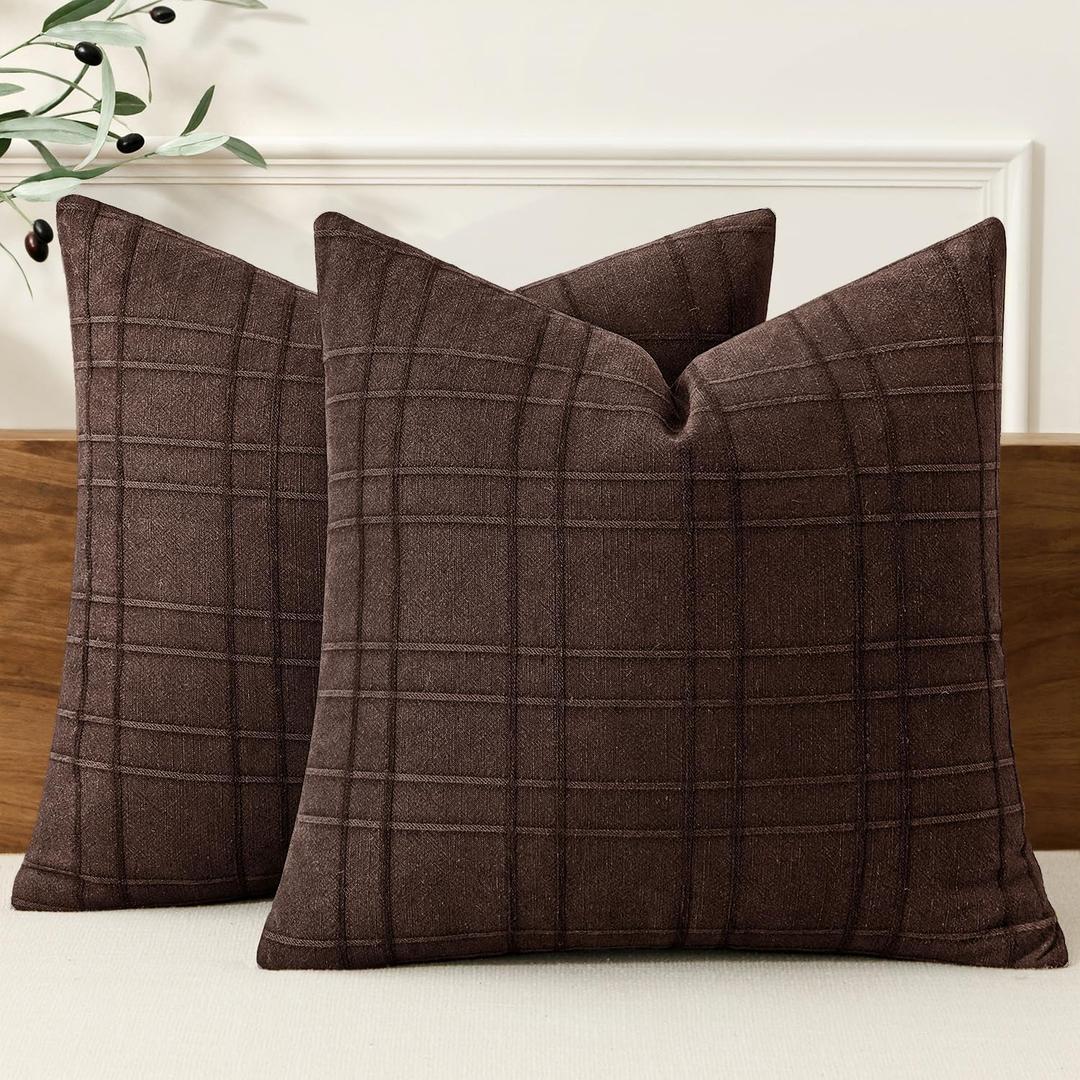 MIULEE Decorative Linen Check Euro Shams Throw Pillow Covers Neutral Farmhouse Vintage Pillow Covers 24x24 Set of 2 Boho Modern Winter Home Decor for Sofa Couch Bedroom Cushion Dark Brown
