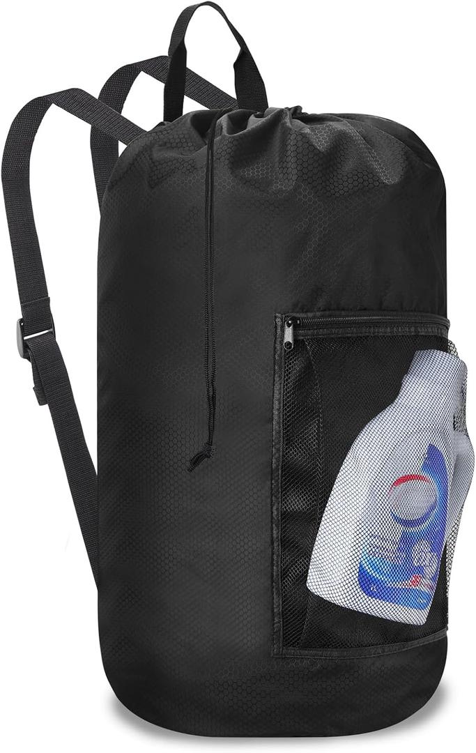 Laundry Bag Backpack Durable Laundry Bag with Shoulder Straps and Mesh Pockets Portable Laundry Dirty Clothes Hamper Bag for College Dorm (Black)