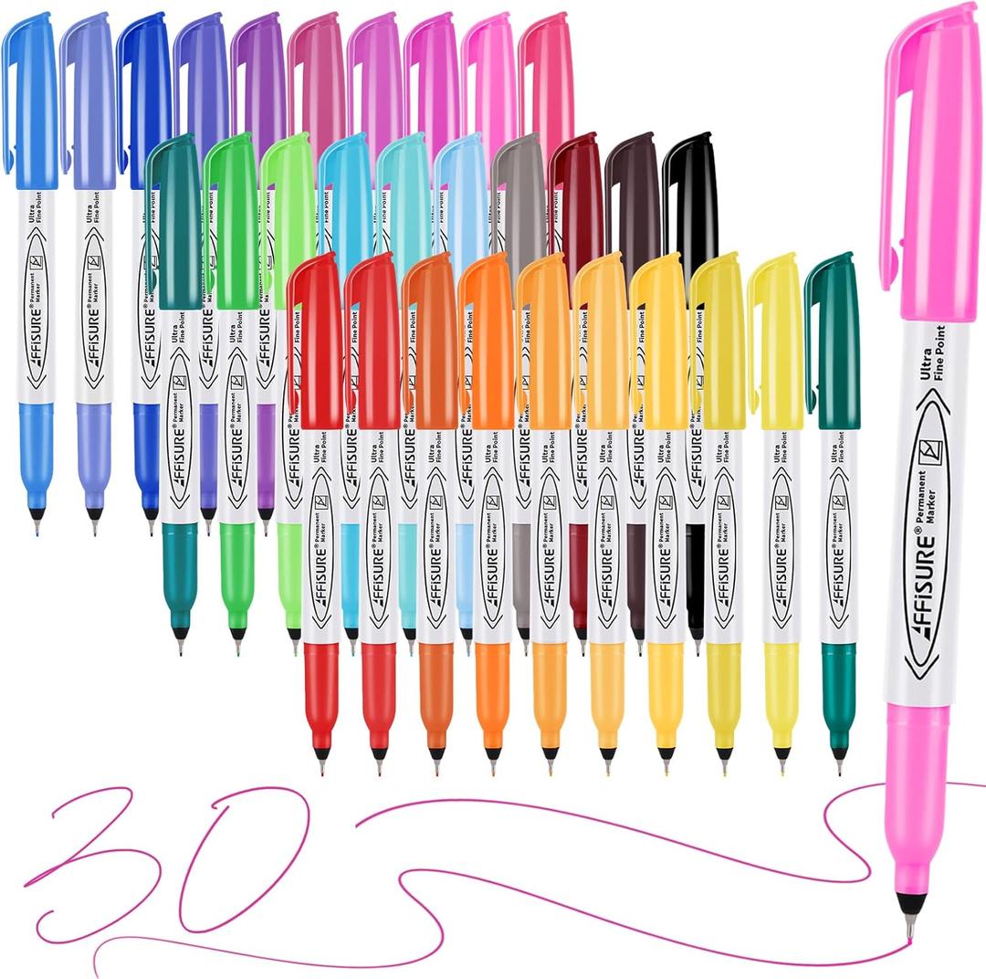 Affisure Permanent Markers, Ultra Fine Point Markers Set, 30 Assorted Colors Work on Wood, Plastic, Paper, Metal, Stone, Glass for the Artist、Kids、Adult, 30 Count