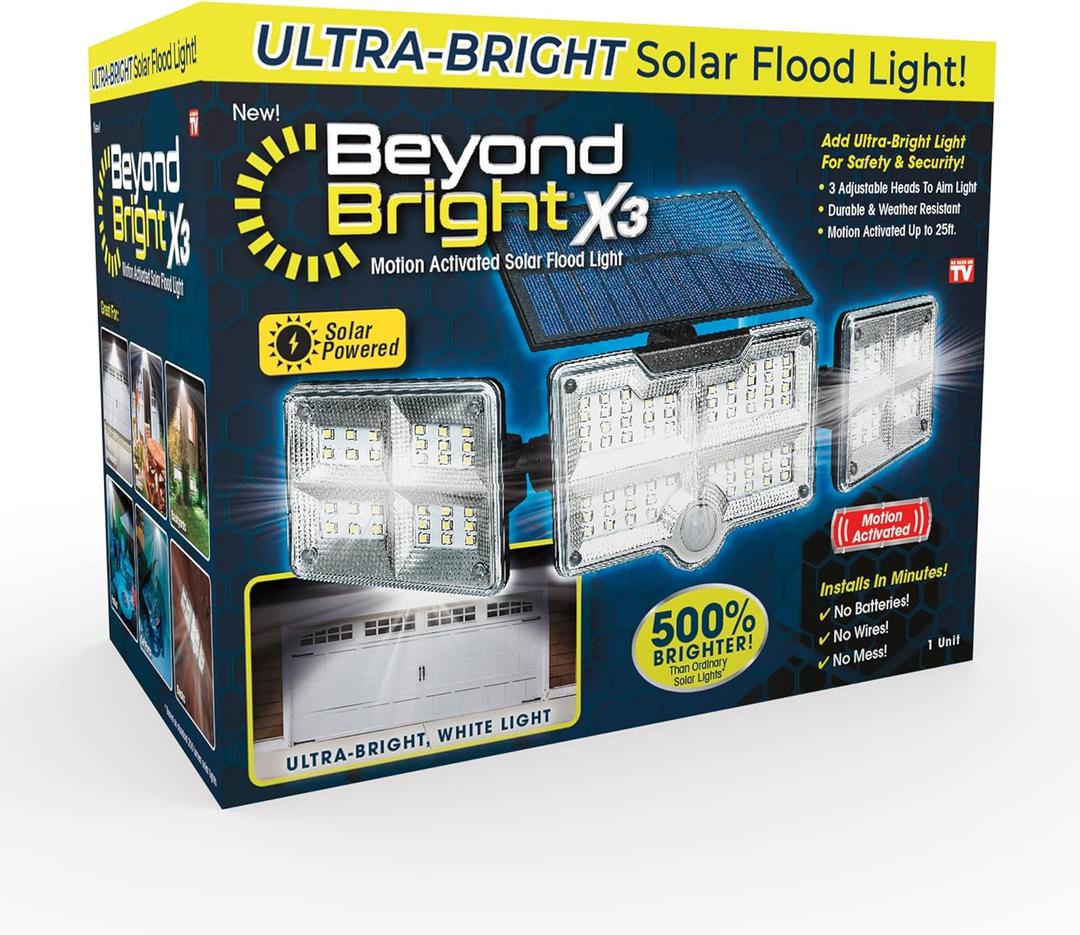 Ontel Beyond Bright X3 Motion Activated Solar Flood Light - Ultra-Bright, Solar-Powered, Weather-Resistant Light with 3 Adjustable Heads & 122 LEDs - Maximum Security for Porch, Deck, Yard & More