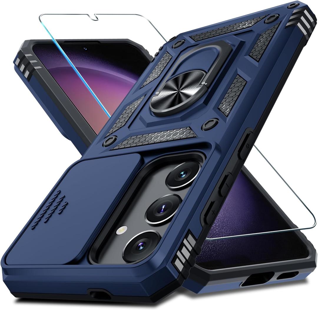 Janmitta Compatible with Samsung Galaxy S25 Plus/S24 Plus Case Built in Slide Camera Lens Cover+Screen Protector+Finger Ring Holder Kickstand,Heavy Duty Shockproof Full Body Phone Cover,Blue