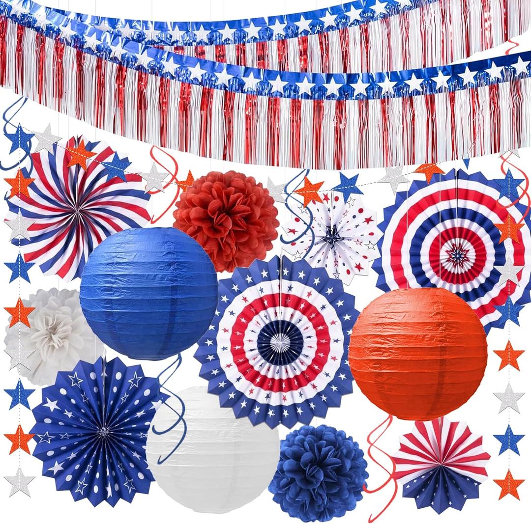 4th of July Decorations, 21-Pcs Red, White and Blue Patriotic Party Supplies, Foil Fringe Streamer, Star Garland, Paper Fans, Lanterns, Pom Poms, Hanging Swirls for Independence Day