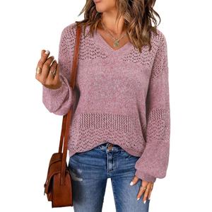 onlypuff Fall European Outfits for Women V Neck Sweaters Lightweigtht Pullover Trendy Tunic Tops Crochet Pointelle Sweater Fall Clothes Pink S (Pink, S)