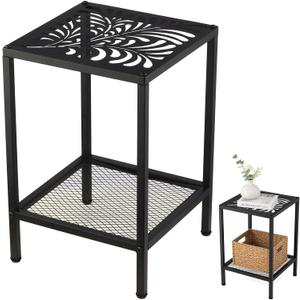 2-Tier Metal Side Table Square Small End Table with Storage Shelf Laser-Cut Leaf Pattern Accent Table Indoor Outdoor Small Space Coffee Table for Living Room, Bedroom, Patio, Plant Stand, Black, 11.8" L x 11.8" W x 17.7" H - 1 pack