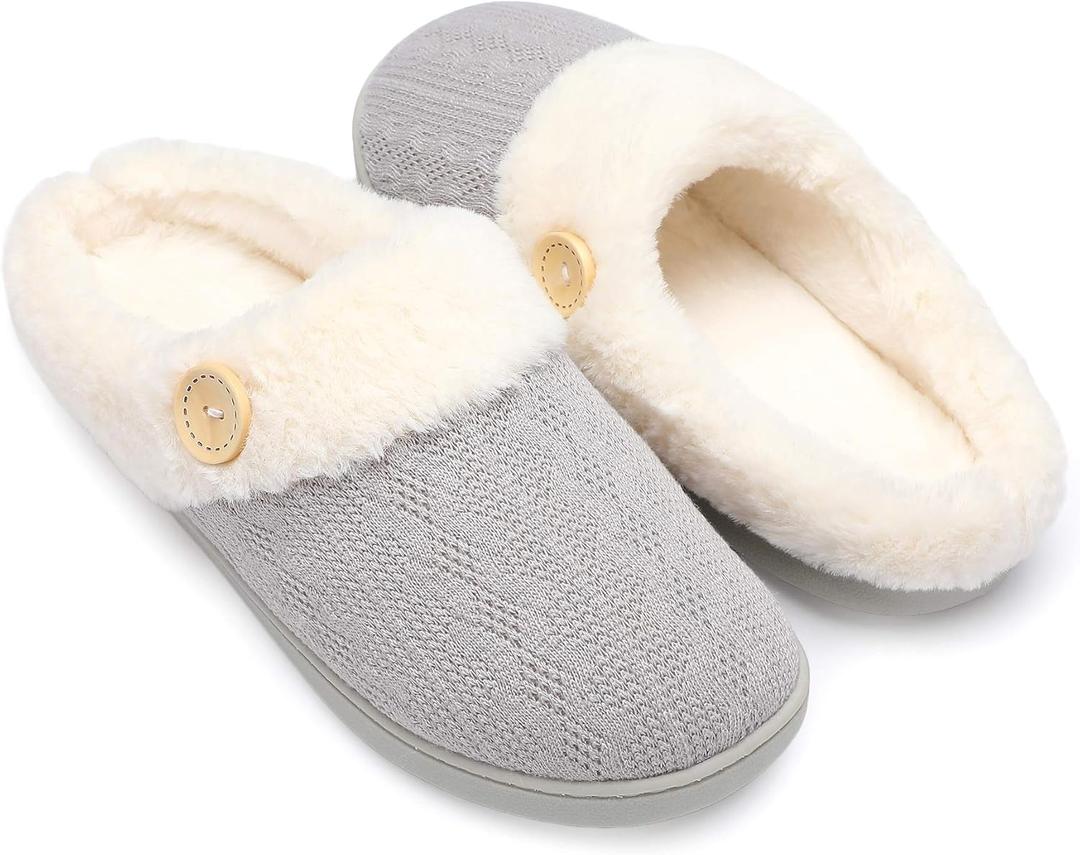 Chantomoo Womens Slipper Warm Comfy Memory Foam House Slippers Knitted Shoes Faux Fur Lined Anti-Skid Rubber Sole Bedroom Cozy Indoor Outdoor Slippers (7-8, Grey)