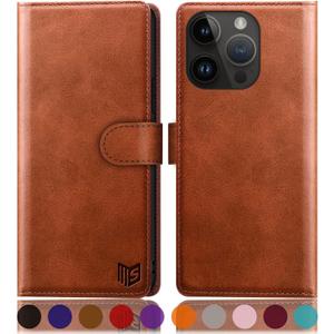 SUANPOT Design for iPhone 15 Pro 6.1" Kickstand Protective Wallet case with RFID Credit Card Holder,Flip Folio Book PU Leather Shockproof Cover Women Men for Apple 15Pro Phone case Light Brown