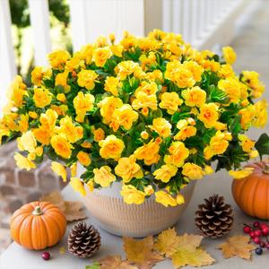 Artificial Fake Flowers Plants for Fall Outdoor Outside Decor, Faux Silk Yellow Camellia UV Resistant Realistic for Planter Front Door Porch Patio Balcony Decoration, 3 Large Bundles