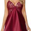 Avidlove Women Lingerie V Neck Nightwear Satin Sleepwear Lace Chemise Mini Teddy Dark Red, S
