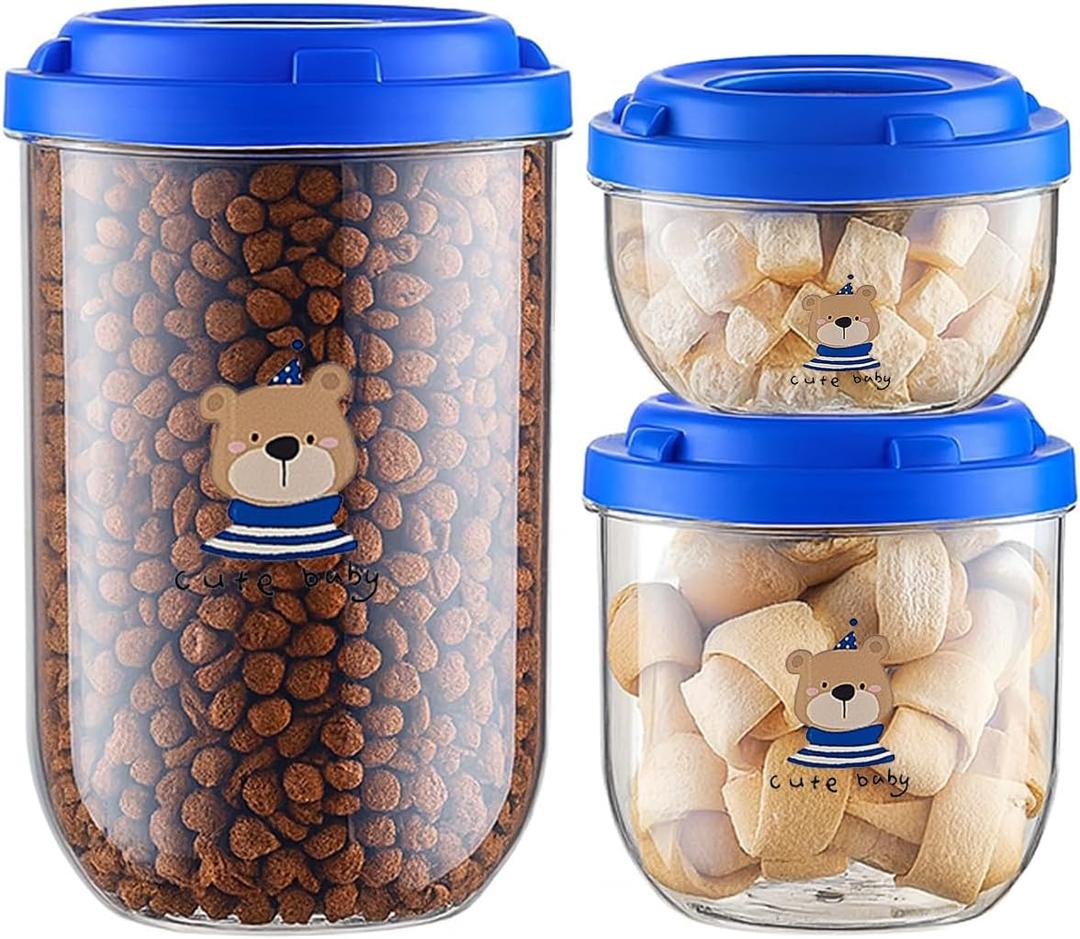 3-Pack Airtight Dog Treat Container Set - Clear Plastic Pet Food Storage Canisters for Kitchen Counter Pantry Organization - Small Stackable Jars for Cat Snacks, Bird Hamster Food, Blue Lids