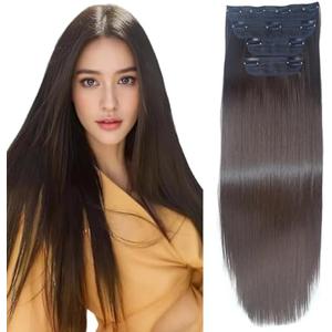 Dark Brown Straight Hair Extensions for Women, Clip in Hair Extensions Double Weft Synthetic Hair Extension, Thick Hairpieces for Thinning Hair(20Inch, 4Pcs)
