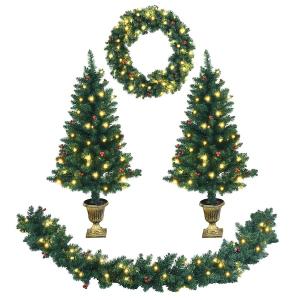 9 ft. Pre-Lit Christmas Decoration Set Artificial Christmas Garland Wreath and Entrance Trees (4-Pieces) 9 ft. Pre-Lit Christmas Decoration Set Artificial Christmas Garland Wreath and Entrance Trees (4-Pieces)