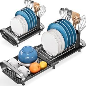 Small Dish Drying Rack, Mini Expandable Compact Dish Rack, Slim Extendable Stainless Steel Dish Drainer for Kitchen Plate Storage, Space Saving Dish Strainer in Sink or on Home Countertop, Black