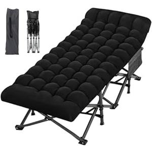 Oversized Folding Camping Cot 32inch w/Mattress, Heavy Duty Portable Sleeping Cot with Carry Bag, Double Layer Oxford Travel Camp Cots for Outdoors & Indoors, Suit for Adults Kids Black 