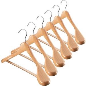 ZOBER 6 Pack High-Grade Wooden Suit Hangers for Men, Wide Shoulder Hangers with Non Slip Pants Bar, Smooth Finish, Holds Upto 20lbs, 360 Swivel Hook, Jacket Hanger, Heavy Duty Wide Hanger for Closet (Natural)