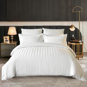 Hotel Bedding Duvet Cover King Size Cotton White Satin Striped Textured with Zipper - Duvet Cover King 3 Pcs Set 104x90 - Comforter Cover/Quilt Cover King Size