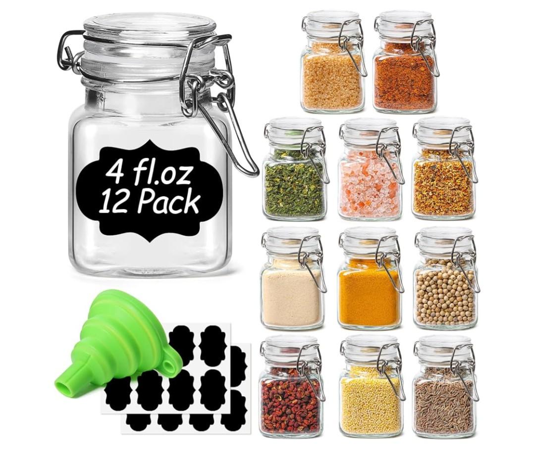 ComSaf 4 oz Glass Jars with Lid, Set of 12 Mini Airtight Glass Jars, Spice Jars, Small Mason Jar, Canning Jar Square with Seal Wire Clip Fastening, Labels & Funnels for Jam, Honey, Kitchen, Wedding