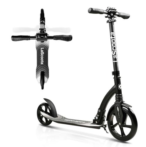 LaScoota Foldable Adult Scooter - Also Great as a Scooter for Kids Ages 8-12 & Teenagers 11-15 - Big 200mm Wheels - Kick Scooters with Shock Absorption - Great Gift - Up to 105kg (Black)