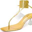 geluboao Gold Heels for Women Sexy Square Open Toe Lace Up Thong Strappy Clear Heeled Sandals Wedding Dress Flip Flops Chunky Crytal Shoes 7.5