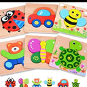 2 Packet. MAGIFIRE Wooden Puzzles 12-18 Months - Multicolor Set of 6 Animal & Vehicle Shapes with Storage Bag - Montessori Chunky Puzzles for Toddlers Ages 1-3 & Hand-Eye Coordination