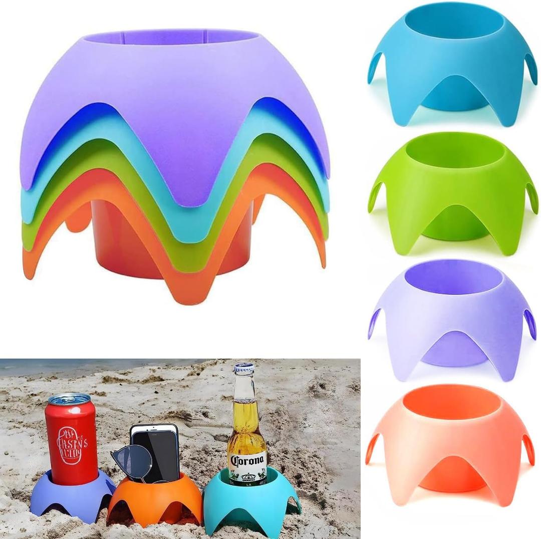 4Pack Beach Vacation Accessories Essentials Drink Cup Holder Sand Beach Supplies Trip Gear Coasters Holding Beverage Phone Sunglass Key, BT210BH