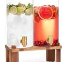 2 PCS 1.5 Gallon Drink dispenser, Glass Beverage Dispenser With Wood Stand, Large Water Drink Dispensers for Parties With Stainless Steel Spigot, Ideal for Lemonade,Juice, Tea, and Party Drinks