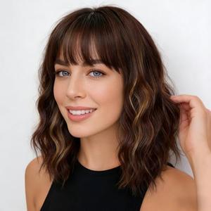 MINLEE Brown Highlight Wig with Bangs for Women 14 Inch Short Bob Wavy Curly Wig Brown Mix Blonde Hair Wigs Heat Resistant Synthetic Wigs