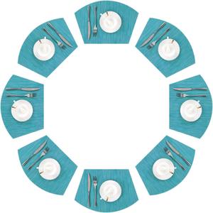 SHACOS Wedge Shape Placemats Set of 8 Woven Vinyl Reversible Placemats for Round Table Curved Place Mats Wipe Clean Non Slip Table Mats Indoor Outdoor, Teal Blue