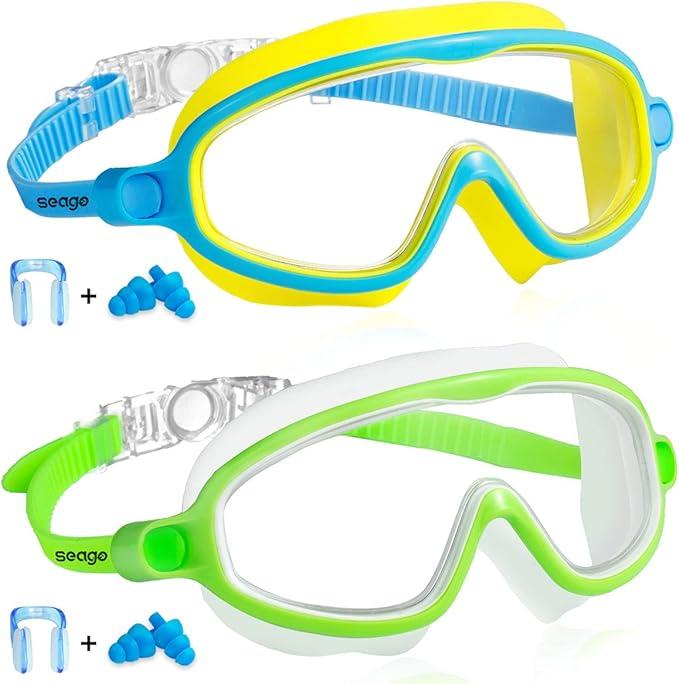 Seago Swim Goggles 2 Pack Anti-Fog Anti-UV Wide View Swimming Goggles for Kids 3-15