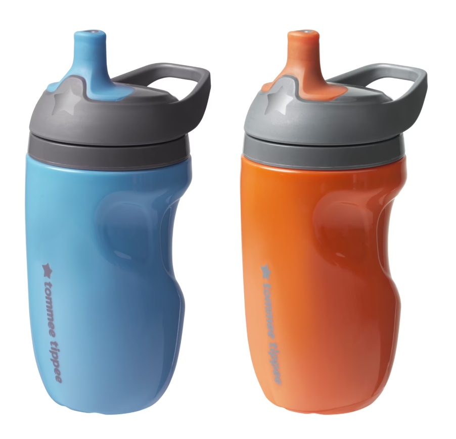Tommee Tippee Insulated 9oz Sporty Spout Toddler Water Bottle, No Spill Sippy Cups for Toddlers 13, TwoPiece Valve Helps Stop Spills, Orange and Blue, BPA Free, Pack of 2