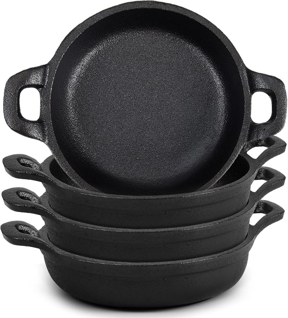 Mini Cast Iron Skillets 5 x 5 x 1.3 Inch Cast Iron Pan Small Ramekin Set Black Casserole Dish Cookware Oven Safe Mini Skillets for Kitchen Indoor Outdoor Picnic (4 Pack)