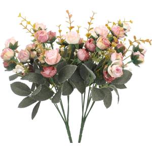Duovlo 7 Branch 21 Mini Rose Heads Artificial Flowers Bouquet Wedding Home Office Decor,Pack of 2 (2 PCS Pink)