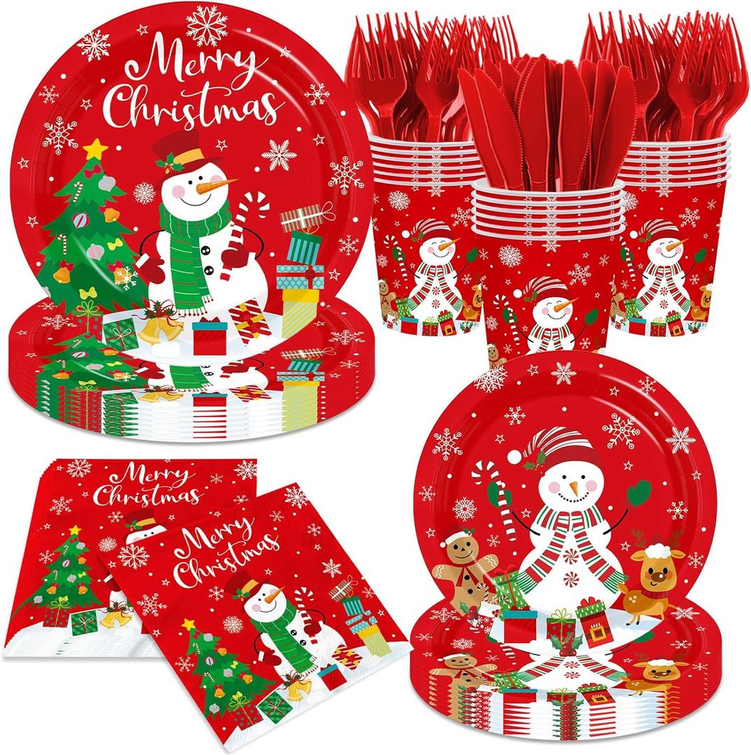 2 x Christmas Paper Plates And Napkins, 144pcs Red Christmas Plates Set Snowman Xmas Tree Disposable Tableware for Winter Theme christmas Holiday Supplies,Serves 24