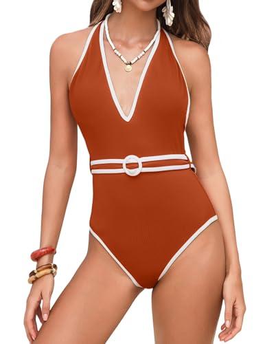 Finesatile Bathing Suit for Women Tummy Control Deep V Neck One Piece Swimsuit Sexy Open Back Ribbed Ladies Swimwear Red L