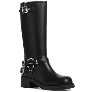 AMINUGAL Black Knee High Boots Women Square Toe Pull On Wide Calf Riding Fashion Buckles Chunky Metallic Casual Vintage Buckle Rivet Size 8.5