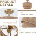 3-Light Boho Light Fixtures Ceiling Mount, 15.4" Rattan Semi Flush Ceiling Light with 2-Tier Shade, Rustic Hemp Rope Drum Light for Hallway Kitchen Entryway Farmhouse Bedroom
