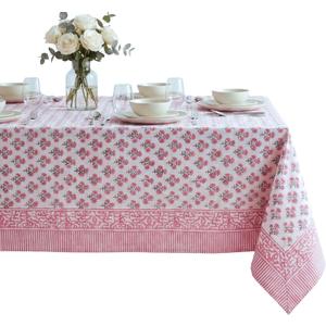 ATOSII Gulbahar White Pink 100% Cotton Fall Rectangle Tablecloth, Handblock Print Floral Table Cloth for Kitchen Dining Linen I Thanksgiving Christmas Weddings Outdoors I 72 X 108 Inches I 8 Seater