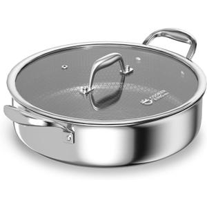COOKER KING 5QT Stainless Steel Saute Pan with Lid, Hybrid Nonstick Deep Saute Pan, Chicken Fryer, Tri-Ply Clad Even Heat Distribution, Dishwasher-Friendly,Oven Safe to 500F, Induction Compatible