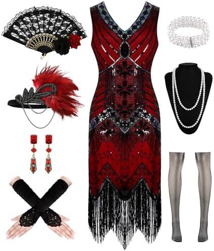 1920s Dresses for Women, Flapper Dress Lace Fan Feather Headband Sequins Beads Fringes 20s Accessories Vintage Mafia Costume Women's Carnival BlackRed 2XL