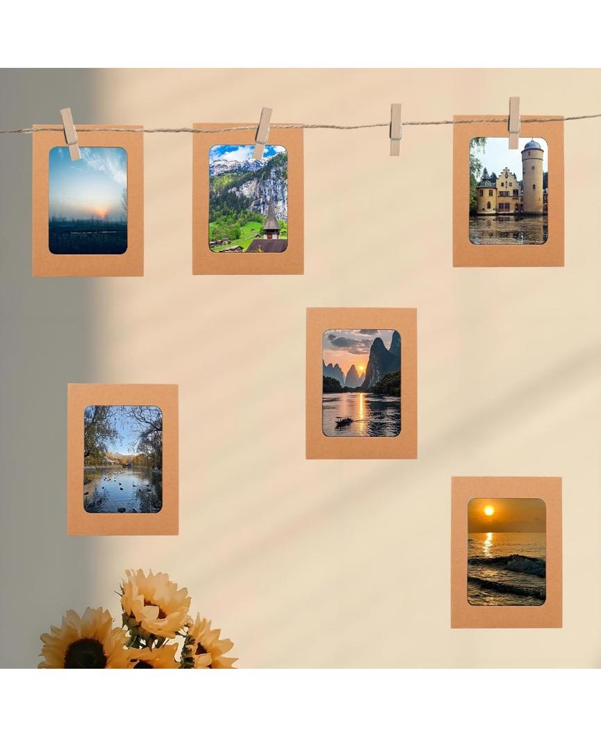 PINE & LINEN 7 Pcs Paper Picture Frames,6×9inch Brown Cardboard Photo Frames with Clips DIY Photo Holders, Hanging Display Kit for Home/Party