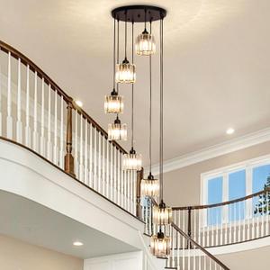 High Ceiling Long Pendant Light Fixtures Modern Crystal Hanging Chandeliers Flush Mount Ceiling Light for Spiral Staircase Entryway Foyer, Black (8-Lights), 5.1 inches