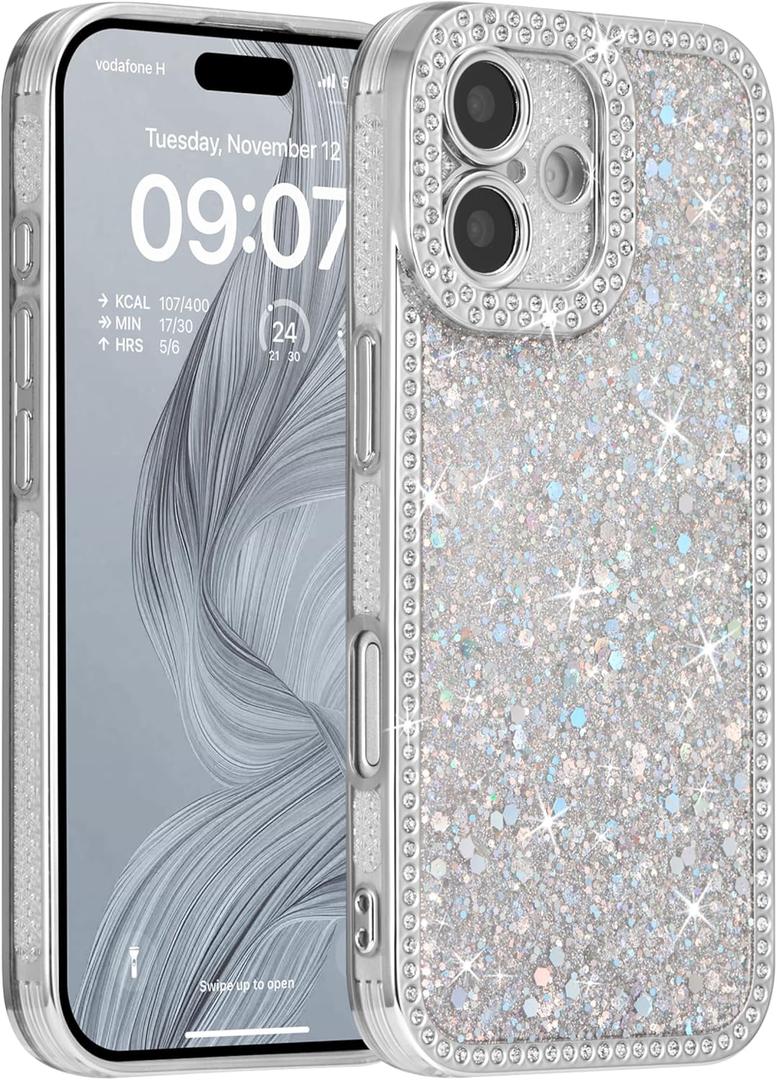FABSPARK Case for iPhone 17,Glitter Crystal Diamond Rhinestones Sequin Shiny Bling Sparkly Glossy Luxury Electroplated Case,Aesthetic Cute Full Protection for iPhone 17,Silver