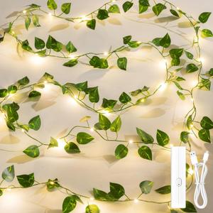 Lakumu Fairy Lights Vine, 33ft 100 LED Rechargeable Battery Operated String Lights, 8 Modes Timer Leaf Lights for Bedroom Wall Garden Party Wedding Decor, Warm White