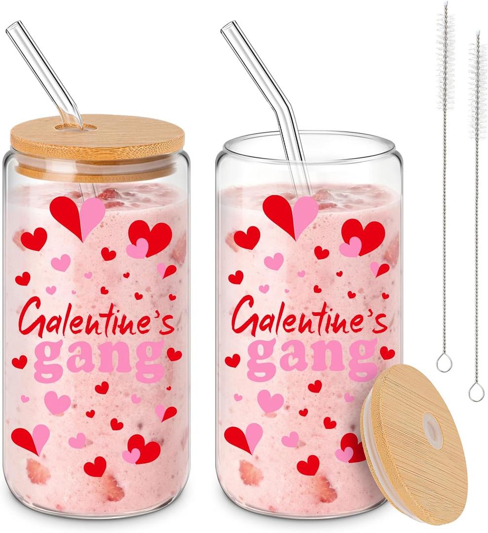 2 Pcs Galentines Gang Glass Cup 16 oz Galentines Day Gifts Tumblers with Lids and Straws Hearts Glass Coffee Tea Cup Valentines Day Party Supplies, Women Ladies Decoration