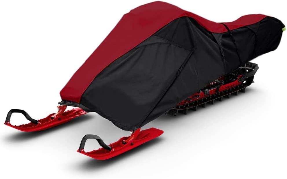 Upgraded Trailerable Snowmobile Cover - Heavy-Duty Waterproof, UV Protection, Reflective Strips - Red/Black, Fits Up to 115