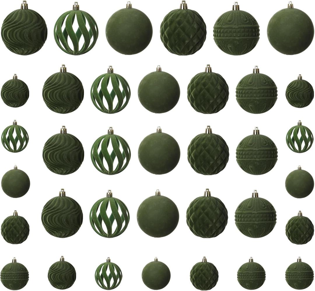 Senjie 2024 Velvet Christmas Ornaments Sets for Christmas, 36pcs Xmas Tree Flocked Shatterproof Christmas Ornaments Balls Decoration Avocado Green